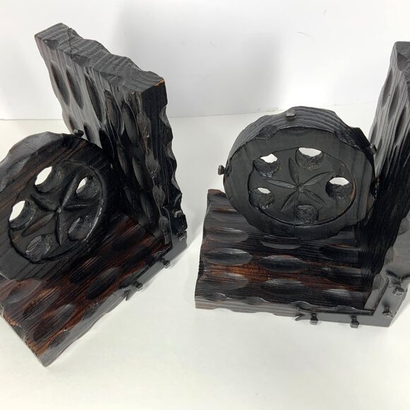Mid Century Brutalist Style Bookends Industrial Pulley Wood & Iron Made in Spain - Picture 10 of 10